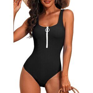 Women Black Zipper Ribbed One Piece Swimsuit High Cut Square Neck Bathing